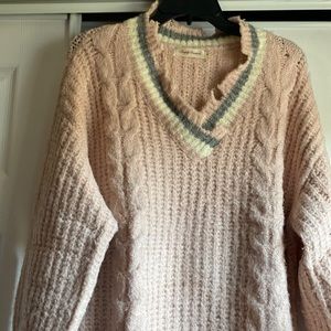 Pink and Gray V-neck Oxford style sweater with raw edges